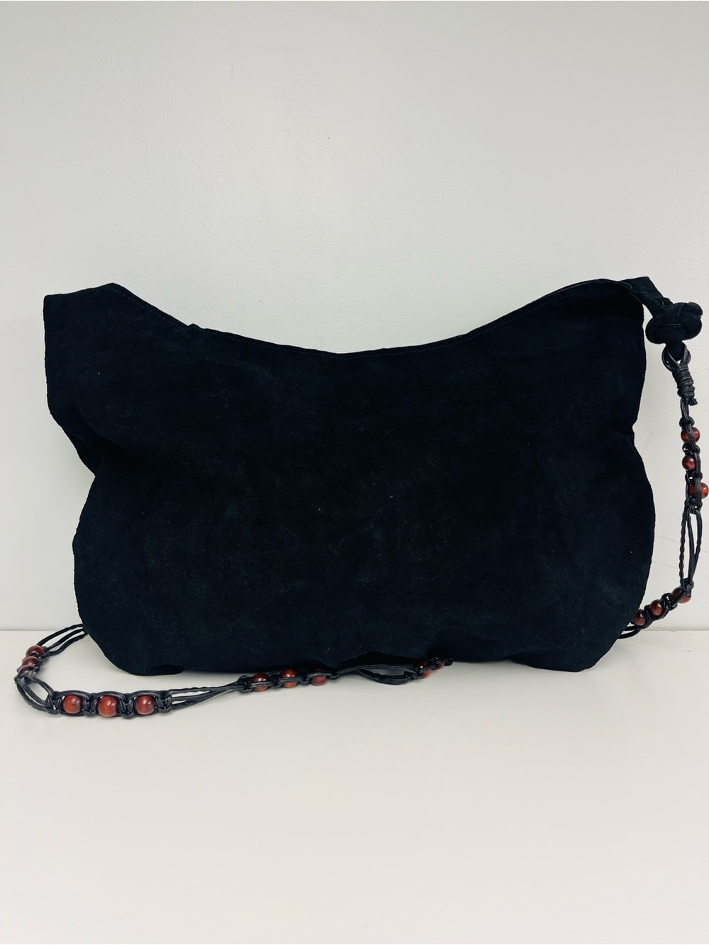 Simple Black Suede Crossbody with Beaded Strap